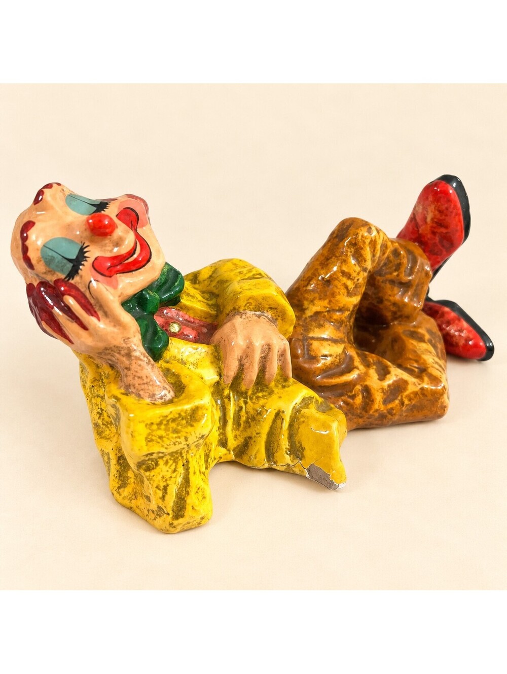 Vintage ALVAREZ Mexico Paper Mache Reclining Circus Clown Figurine Signed Folk